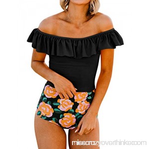 ZXZY Women Frill Off Shoulder Bikini Set High Waist Floral Swimsuits Tankinis Black B07PY1QDKH